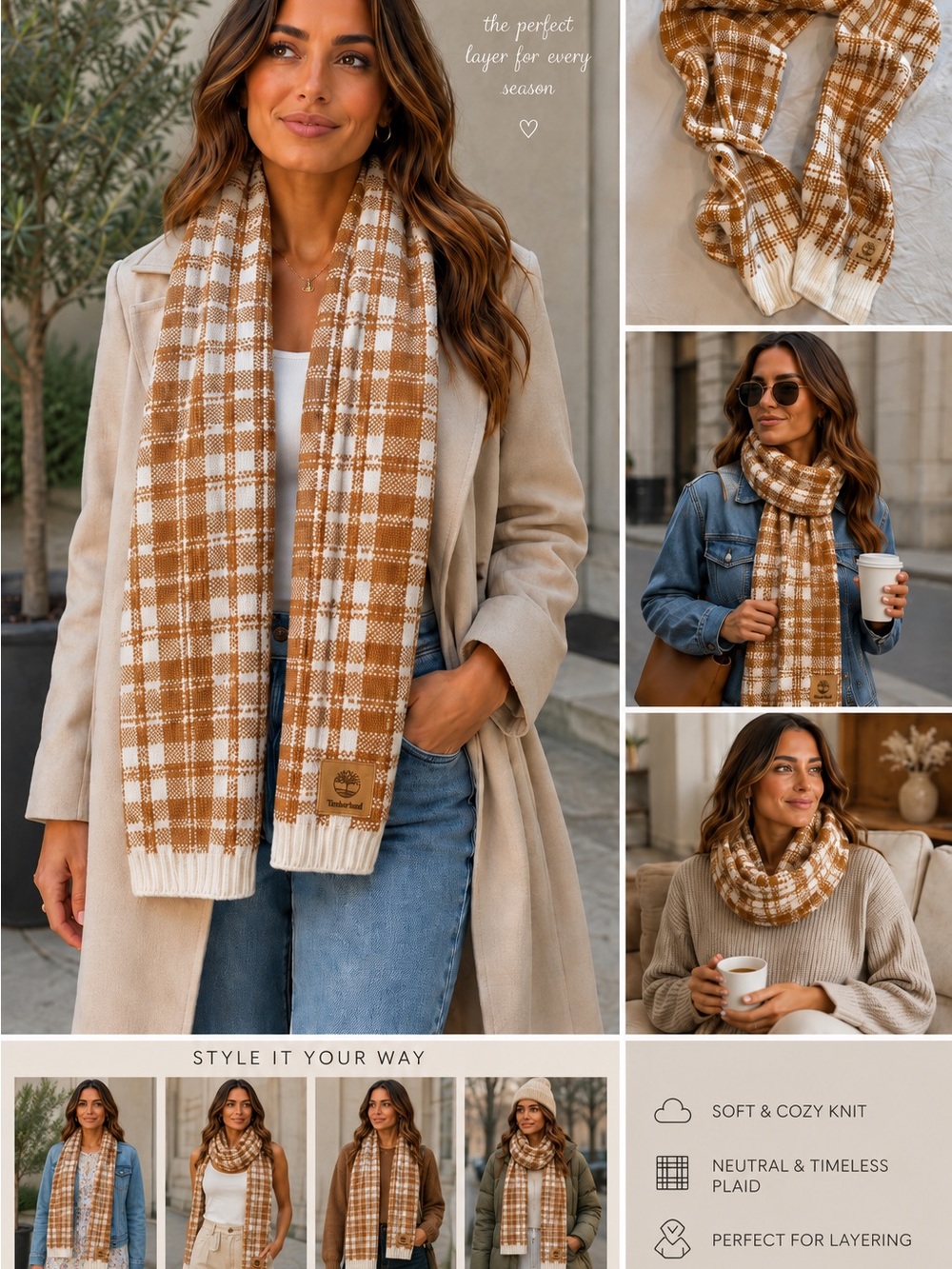 Timberland Plaid Knit Scarf Camel Ivory NWOT Cozy Winter Fall